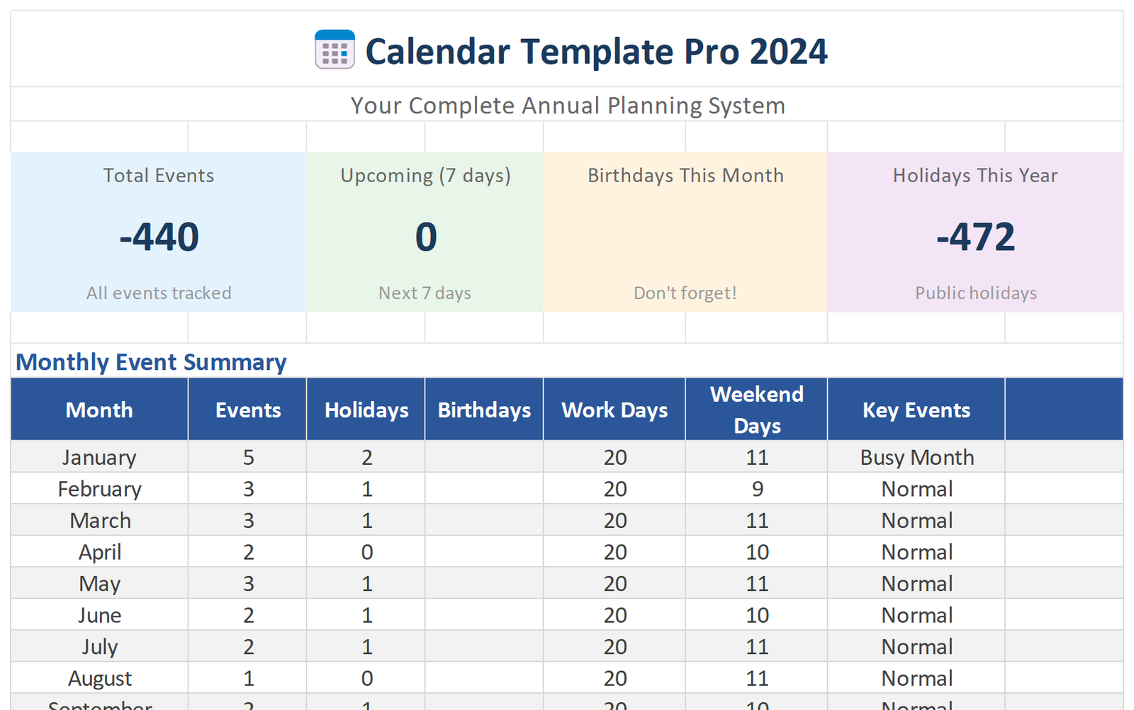 Calendar Template Dashboard