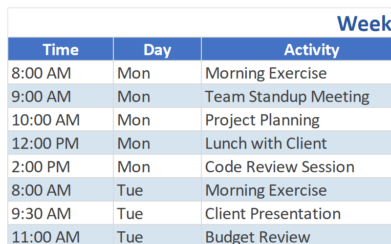 Weekly Schedule Sheet